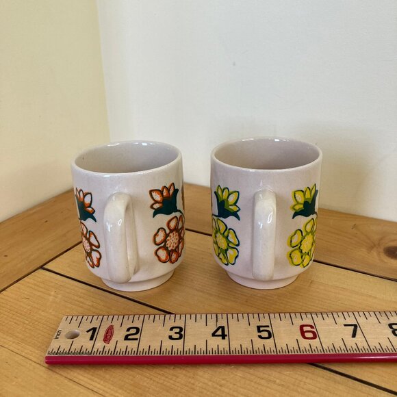 Flower Power Coffee Mug Pair Set Groovy Floral Vintage Romania Ironstone Ceramic - Picture 4 of 8